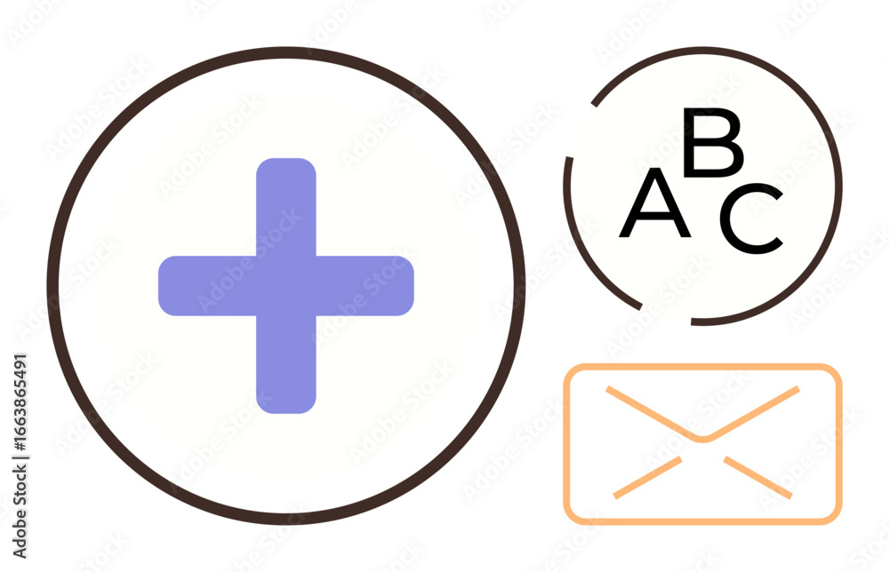 Obraz premium Blue cross, circle with ABC text, and orange envelope outline. Ideal for healthcare, education, communication, technology, learning collaboration support. Simple flat metaphor