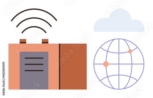 Router emitting signal waves, globe with connection nodes, cloud symbolizing digital connectivity. Ideal for technology, internet, communication, networking, wireless systems, global collaboration