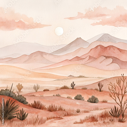 Watercolor Landscape of a Serene Desert at Sunset

