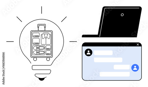 Light bulb with organized suitcase symbolizes travel ideas, laptop and chat window highlight communication, collaboration, and planning. Ideal for travel planning, online tools, innovation