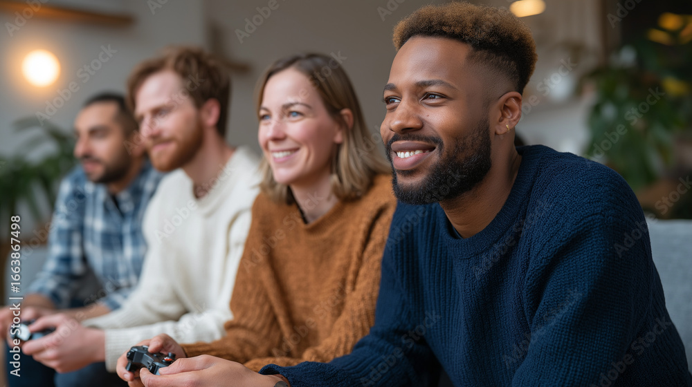 Obraz premium Diverse Group of Friends Enjoying Casual Puzzle Game Together