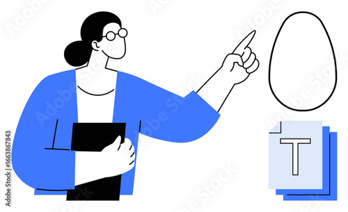 A professional woman holding a folder, pointing to an egg-shaped idea concept with a layered document. Ideal for business, education, strategy, creativity, innovation, teamwork, and simple landing