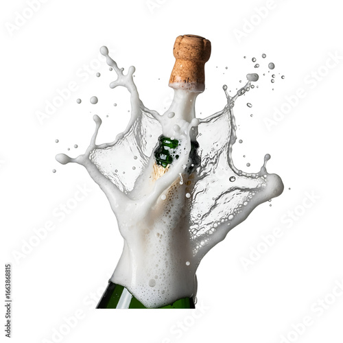 Champagne bottle with champagne spurting out, transparent background PNG