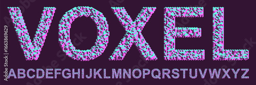 Futuristic voxel alphabet filled with isometric countless cubes for futuristic design. Bright voxel font with irregular geometric structure for posters games, modern branding, creative visual identity