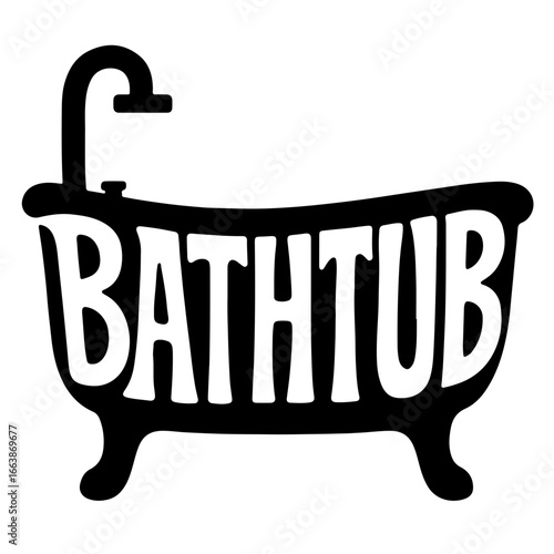 Stylized bathtub silhouette with bold "BATHUB" lettering against a transparent background, modern concept of home decor or bathroom renovation