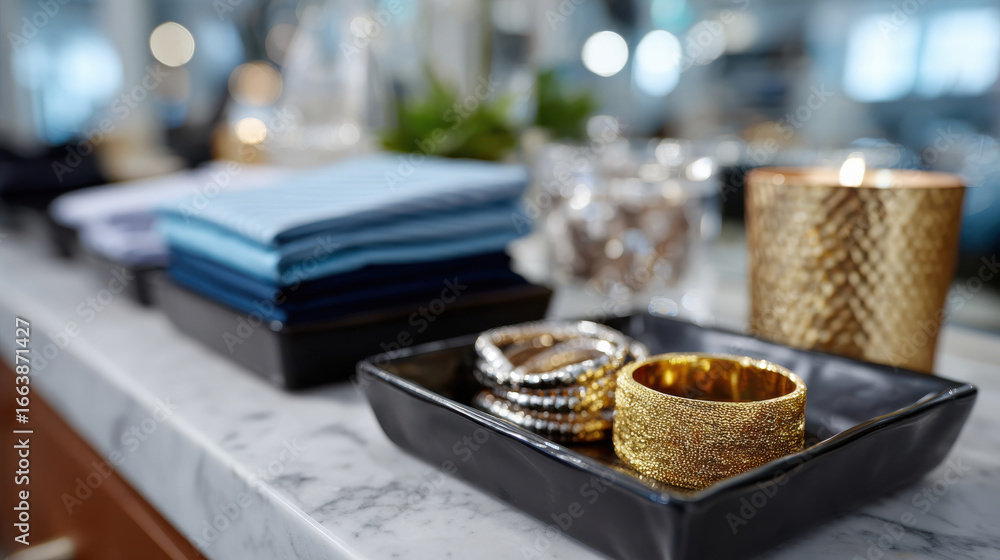 Fototapeta premium An appealing arrangement of sparkling jewelry pieces displayed on a classy marble table, featuring elegant bracelets and decorative items, encapsulating luxury and style.