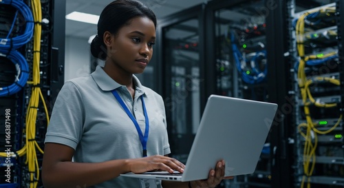 Focused Black Female IT Technician Diagnosing Network Servers with a Laptop in a Data Center.