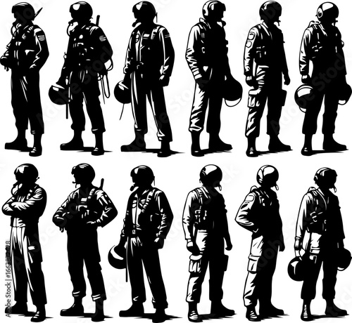 collection of vector sketch design illustrations of silhouettes of fighter and commercial aircraft pilots in the air