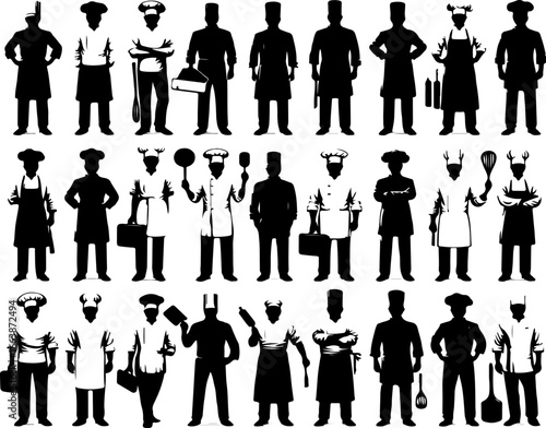 collection of vector sketch design images illustration silhouette chef cooking in 5 star kitchen