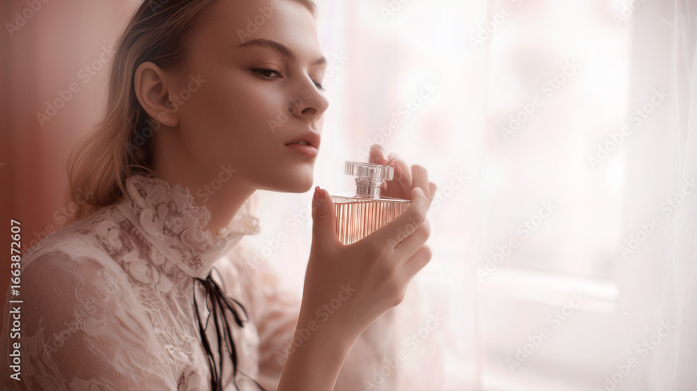 Elegant woman in lace dress holding a luxury perfume bottle by a sunlit window, capturing sophistication, femininity, and modern beauty style