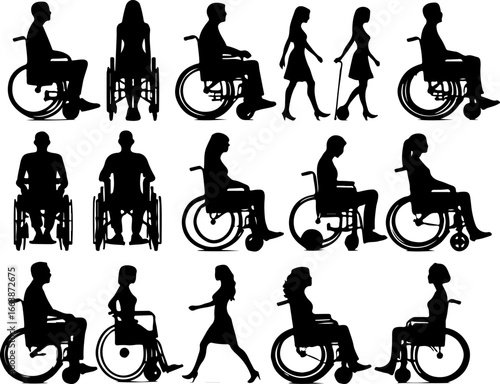 collection of vector sketches of illustrations of silhouettes of disabled people using wheelchairs