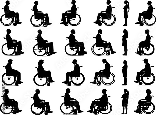 collection of vector sketches of illustrations of silhouettes of disabled people using wheelchairs