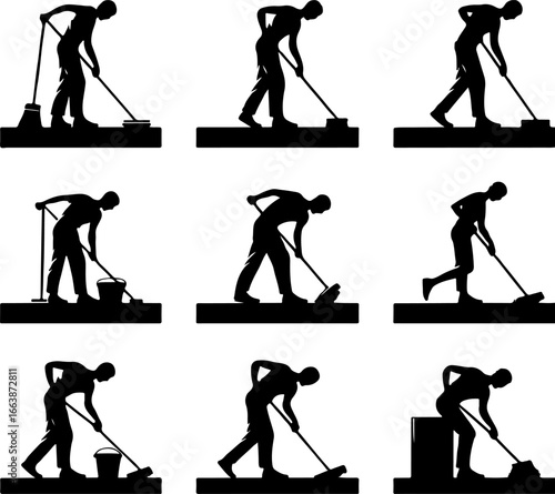 silhouette collection vector illustration design office boy waiter cleaning the floor