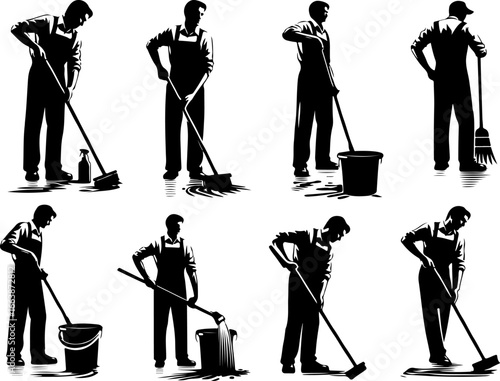silhouette collection vector illustration design office boy male waiter doing cleaning work