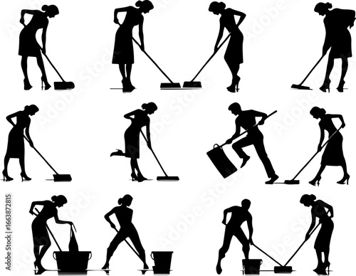 silhouette collection vector illustration design office boy waiter cleaning the floor