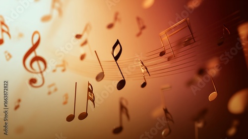 Golden music notes floating on staff lines, abstract and warm toned
