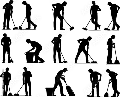 silhouette collection vector illustration design office boy waiter cleaning the floor