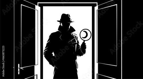 Detective is standing in the open doorway silhouette