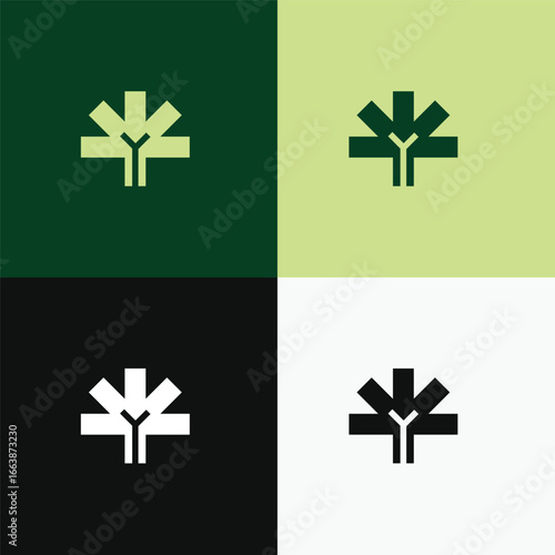 Minimalist abstract tree logo design set with four color variations – green, lime, black, and white backgrounds. Modern flat symbol suitable for branding, eco-friendly business, technology.