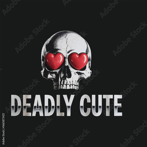 Human skull with red heart shaped eyes and text deadly cute hearts red hearts