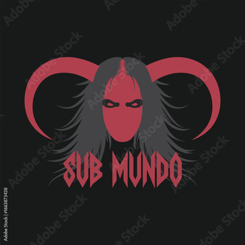 Red and grey stylized demonic face with horns and flowing hair and text S U B M U N D O devil head