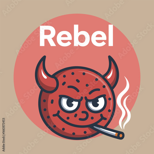 Red devil character with horns smoking a cigarette and the word Rebel demon