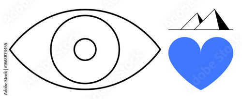 Black-outlined eye, small black-and-white pyramids, and a blue heart. Ideal for concepts thumbs up vision, creativity, emotion, growth, connection, intuition simple landing page