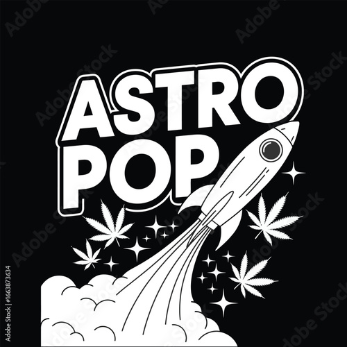 White rocket ship with smoke and cannabis leaves text astro pop spaceship space