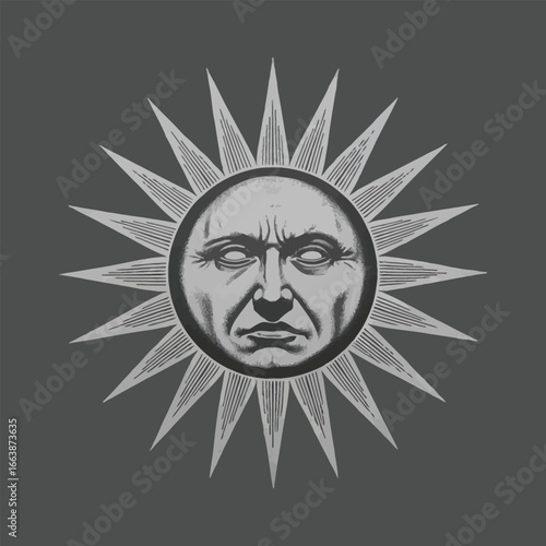 Vintage sun face with rays and detailed facial features on a dark gray background human face sunburst