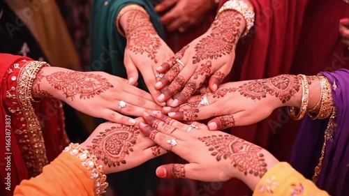 Top view of multiple women’s hands with fresh henna, forming a circle and slowly moving inward and outward, festive atmosphere.