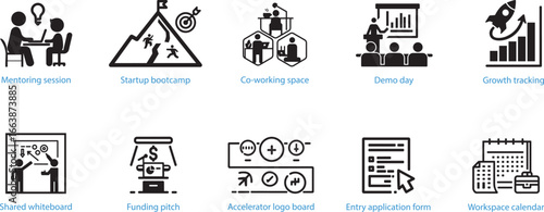 Business incubator accelerator icons representing growth investment strategy teamwork and success vector.