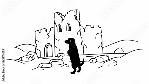 Silhouette of a dog standing near the ruins of a castle with rocks and hills in the background drawing