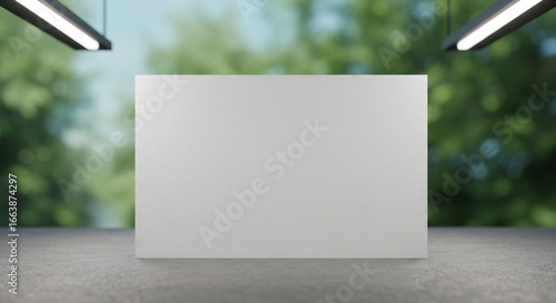 Modern Studio Mockup - Blank White Canvas Under Linear Lights with a Soft-Focus Nature Backdrop.
