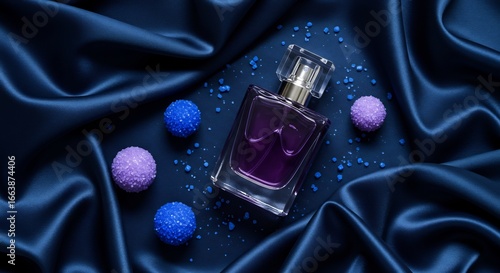 Elegant Violet Perfume Bottle on Luxurious Draped Midnight Blue Satin with Truffles.
