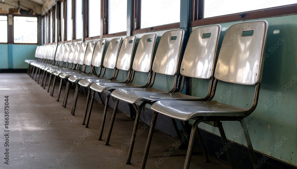 Fototapeta premium Row of Empty, Reflective Metal Chairs in a Dimly Lit, Vintage Waiting Area