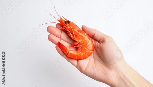 Hand holding a single cooked shrimp