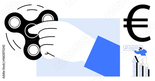 Hand spinning fidget spinner symbolizing focus, Euro sign for finance, and person researching financial growth on graph. Ideal for concepts thumbs up focus, finance, strategy, analysis, progress