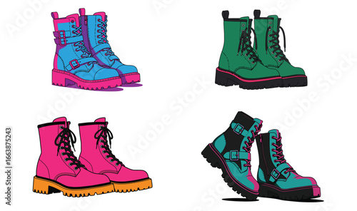 Diverse array of stylized combat boots with vibrant colors on white backdrop