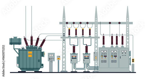 Stylized flat vector illustration of a vibrant power substation room