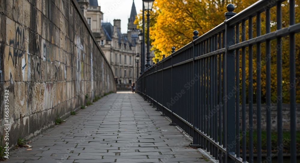 custom made wallpaper toronto digitalCobblestone Path Along Seine River, Paris, France, with Autumnal Trees and Historic Architecture.