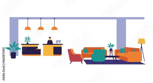Stylized flat vector illustration of a colorful hotel lobby with reception area