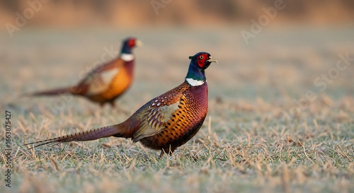 Majestic Male Pheasants Strutting in a Grassy Field at Dawn.