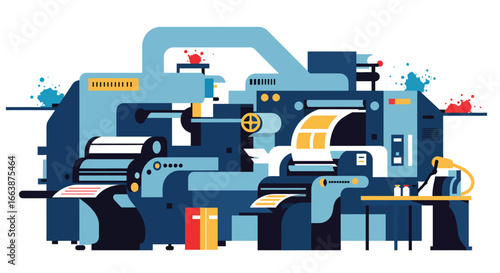 Stylized flat vector illustration of a vibrant printing press room scene