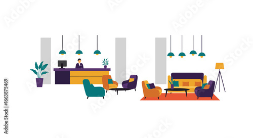 Stylized modern hotel lobby illustration with welcoming atmosphere on white backdrop