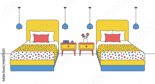 Stylized twin bedroom illustration with vibrant colors and charming details