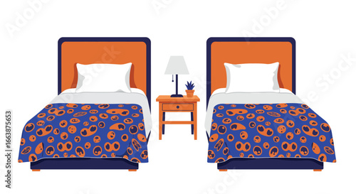 Stylized hotel bedroom illustration with twin beds and nightstand decor