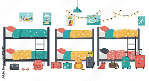A colorful and cheerful hostel dorm room scene featuring bunk beds and travel gear
