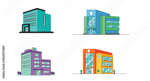 Stylized flat vector illustration featuring vibrant private medical practice buildings