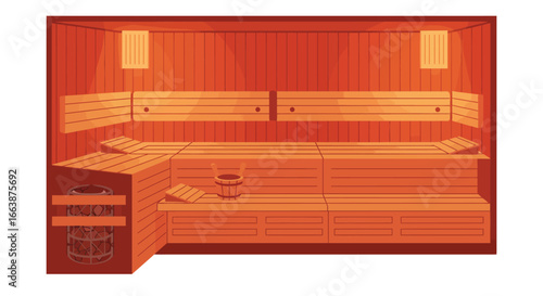Stylized vector illustration of a vibrant sauna interior with benches, bucket and stove