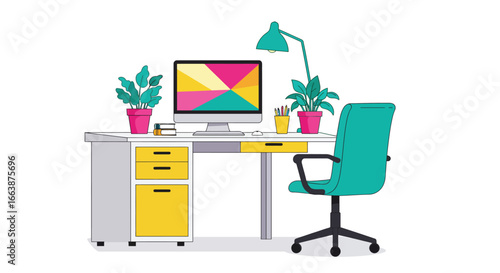 Stylized flat vector illustration of a modern home office setup on white backdrop